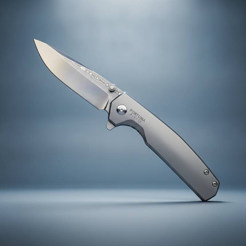 A high-end premium folding knife with titanium handle scales and a sharp blade.