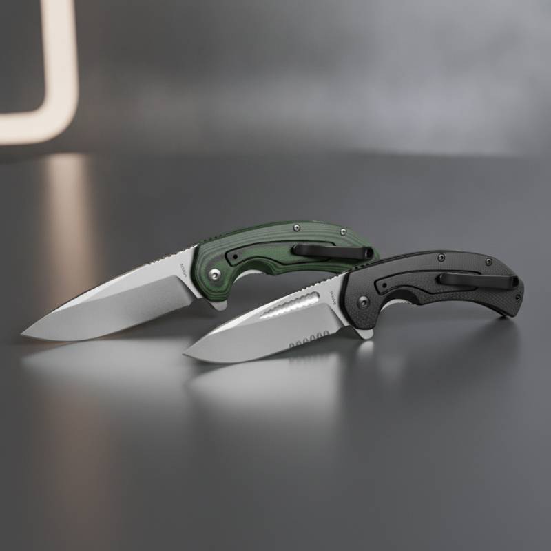 Affordable budget pocket knives with textured G10 handles lying on a flat surface.