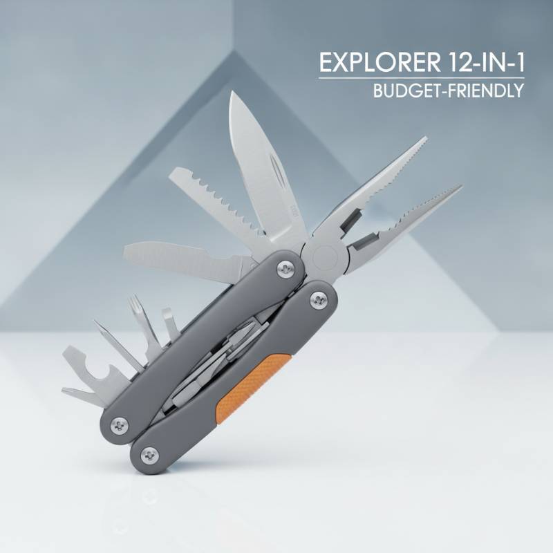 A budget-friendly multi-tool with spring-loaded pliers on a grey background.