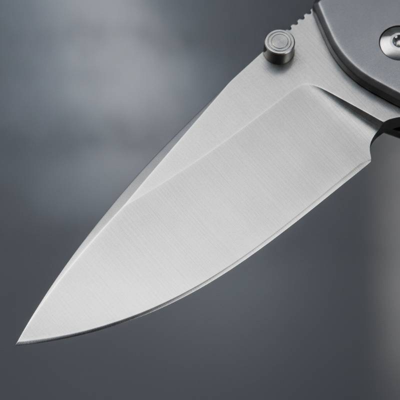 A close-up of a knife blade showing the laser-etched steel type name.