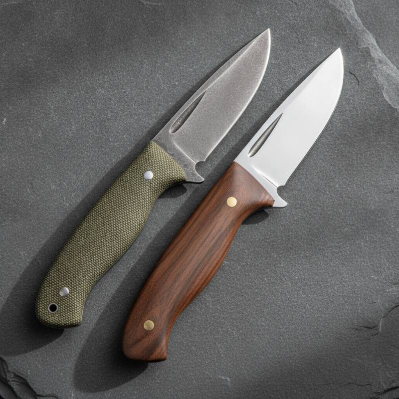 A close-up comparison of a canvas Micarta knife handle and a polished natural wood knife handle side by side on a flat rock.