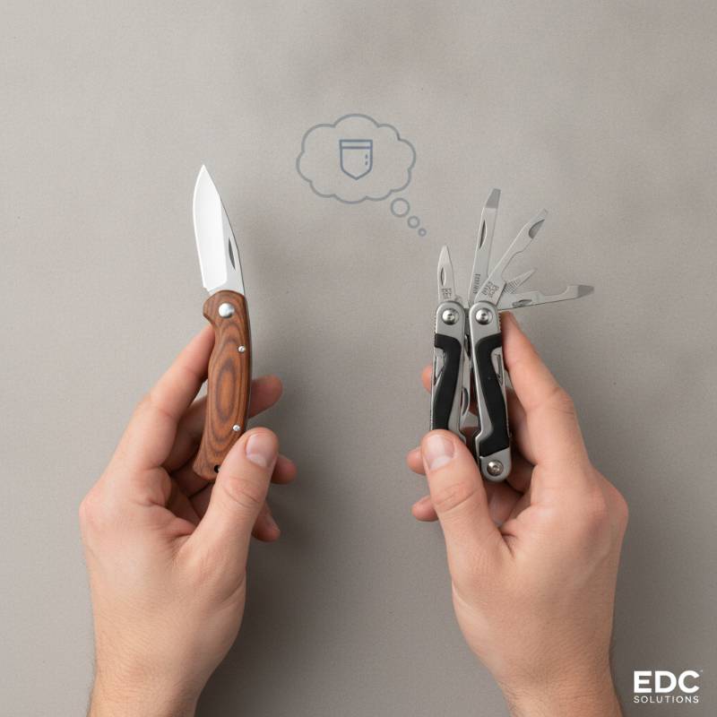 A person choosing between a pocket knife and a multi-tool to carry.