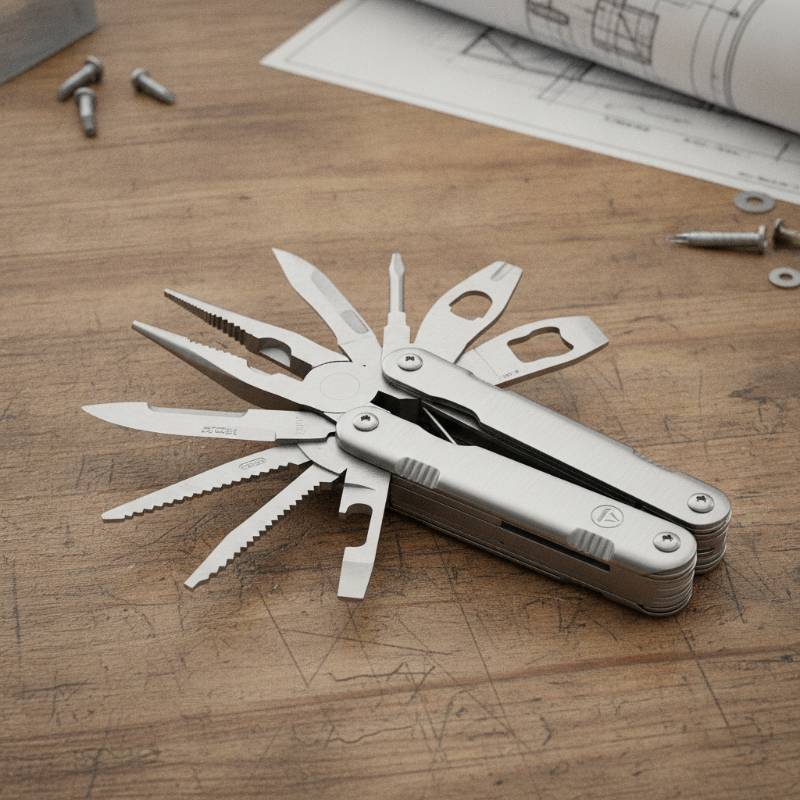A heavy-duty multi-tool with opened pliers, wire cutters, and screwdrivers.