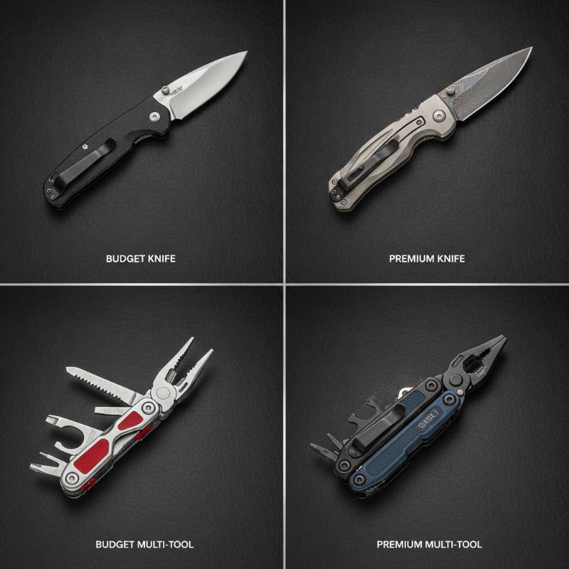 A collection of various pocket knives and multi-tools lined up for comparison.