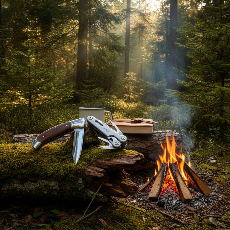 A pocket knife and a multi-tool resting on a wooden log in a forest setting.