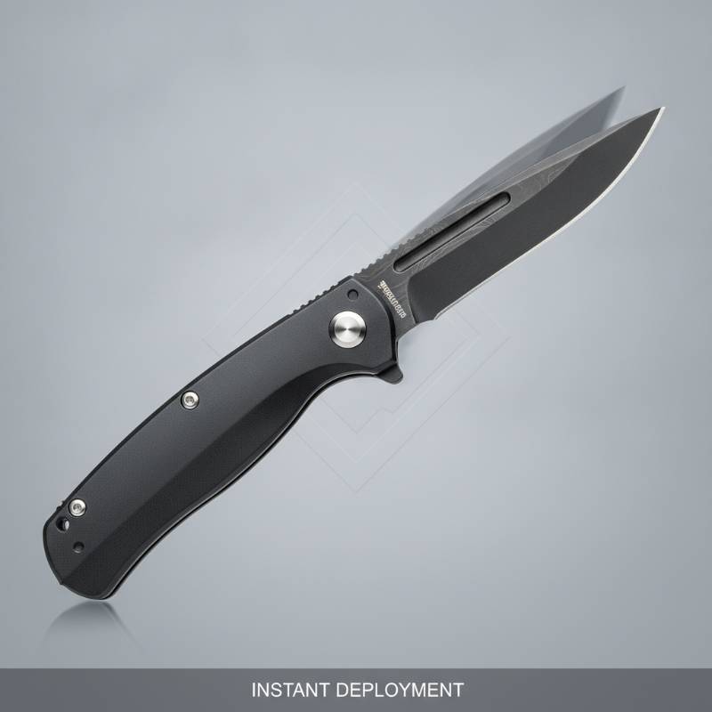 A premium tactical automatic switchblade knife with a black handle, showing the blade deployed instantly after pressing a silver button on the side