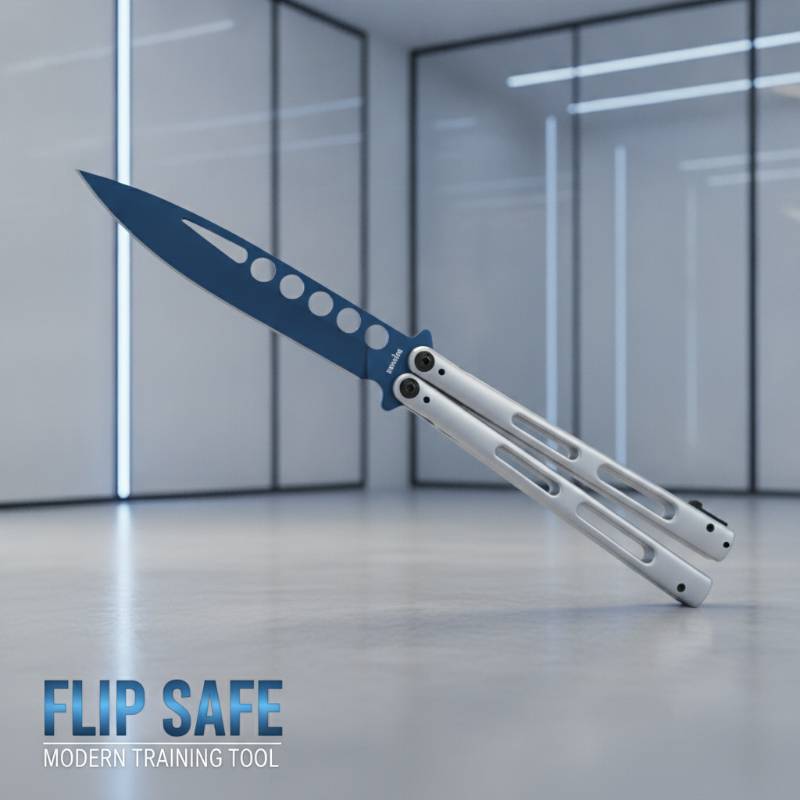 A modern metal butterfly knife trainer with a blue skeletonized, unsharpened blade, showing a safe tool for practicing flipping tricks