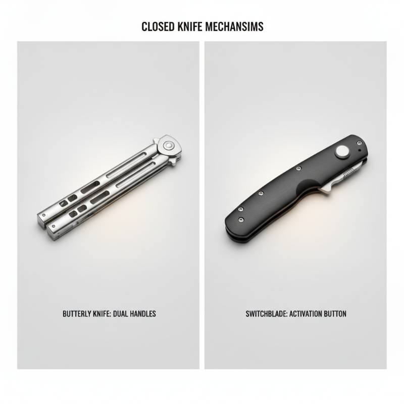A side-by-side comparison of a closed butterfly knife showing its dual handles and a closed switchblade showing its activation button