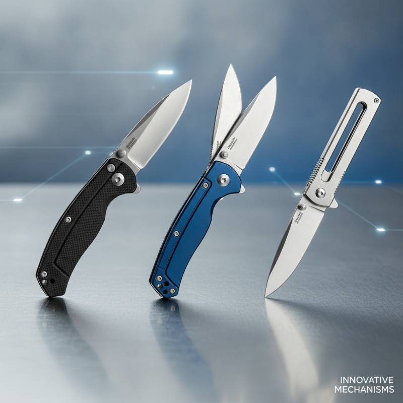An array of folding knives showing different opening mechanisms, including a manual thumb-stud knife, a spring-assisted knife, and a gravity knife