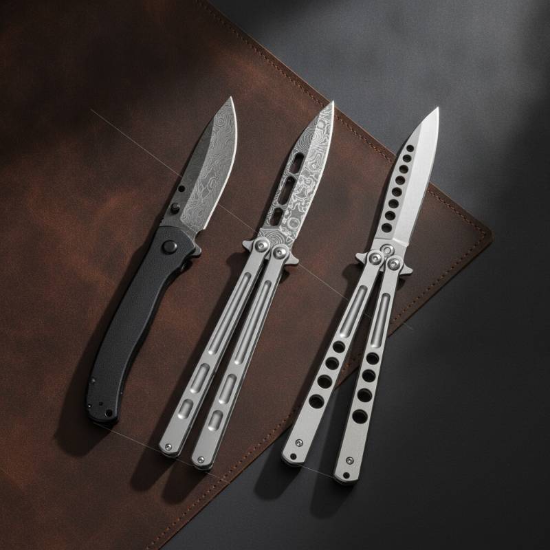 A professional flat-lay photograph of a high-quality butterfly knife, a switchblade, and a trainer on a dark leather mat