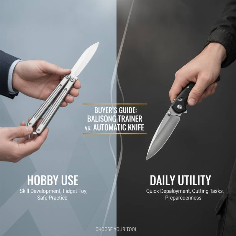 A buyer's guide graphic showing a person holding a butterfly trainer and an automatic knife, with text overlays comparing hobby use versus daily utility