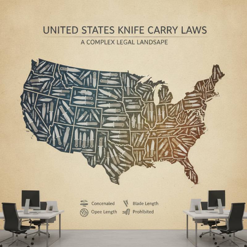 A map of the United States with subtle knife icons, representing the complex landscape of state-level knife carry laws