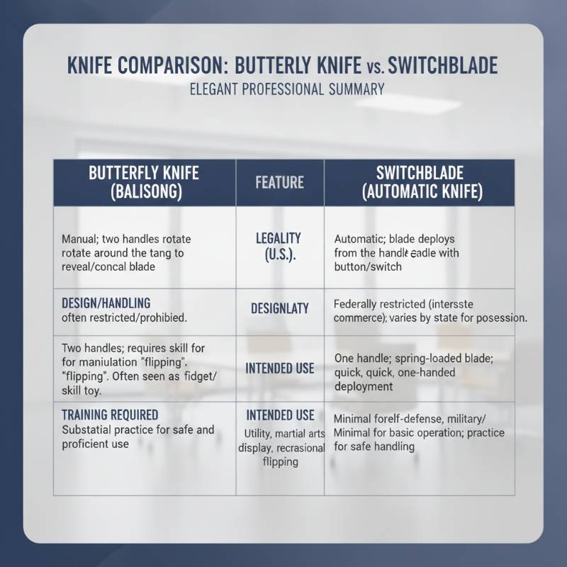 A clean, clear infographic style comparison table summarizing the differences between butterfly knives and switchblades