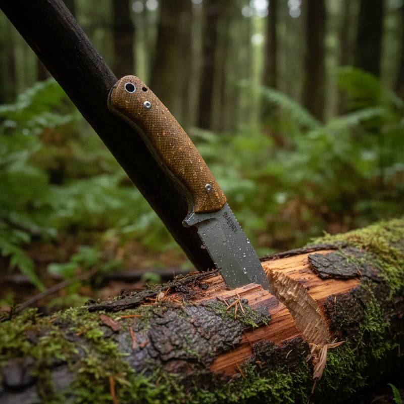 A knife with a Micarta handle being used in wet, muddy outdoor conditions to carve wood.