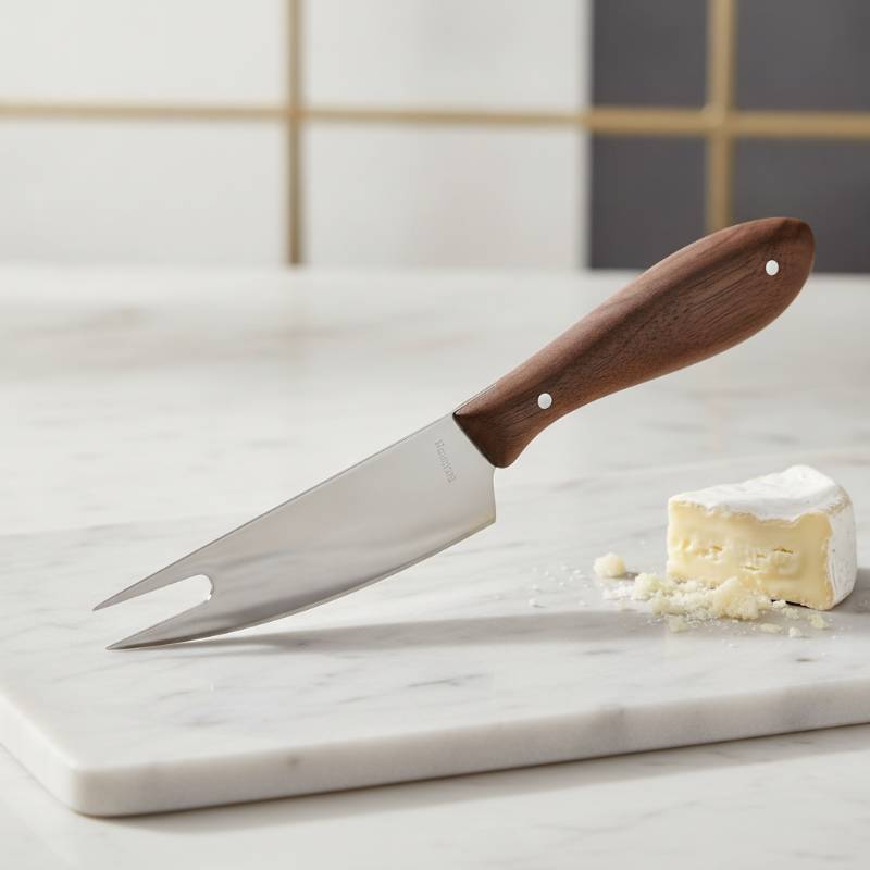 Close-up of a pronged cheese knife showing its unique features