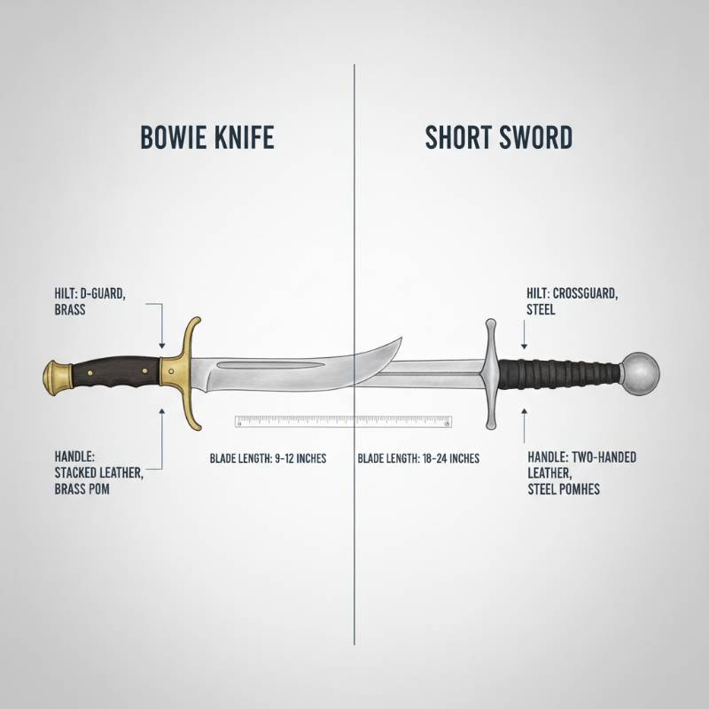 A clean technical diagram comparing the dimensions and parts of a Bowie knife and a short sword