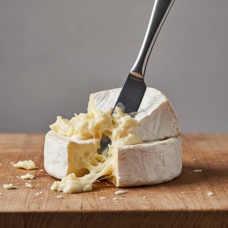 Messy slice of soft cheese cut with a dull butter knife