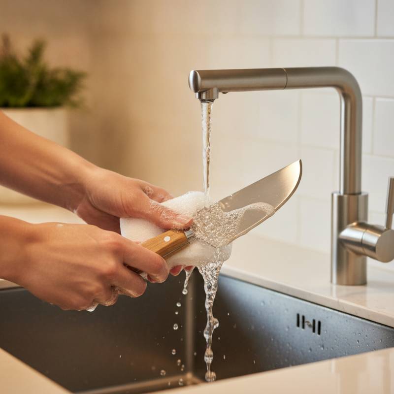 Hand washing a cheese knife with warm soapy water
