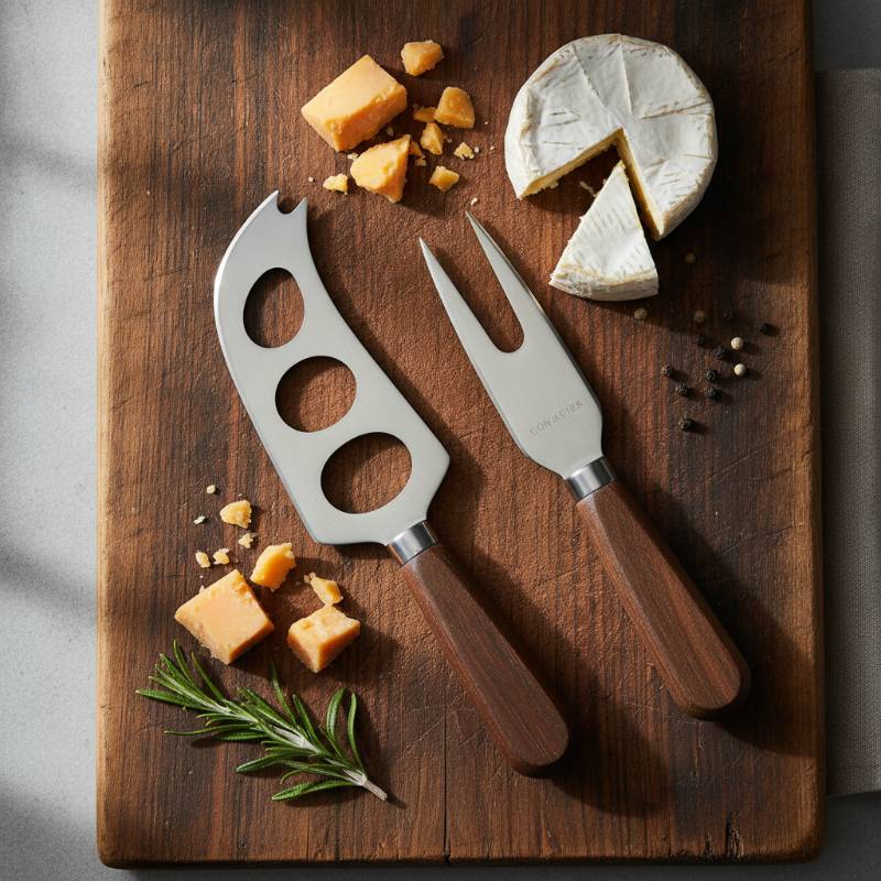 Various cheese knives arranged on a wooden board