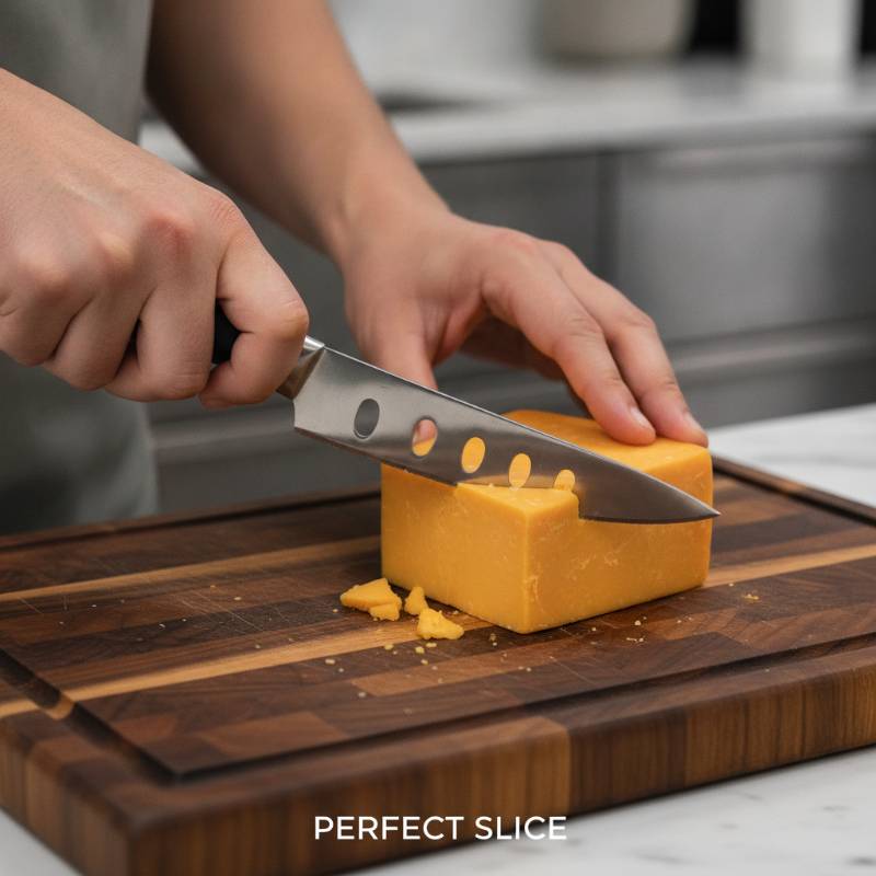 Hands slicing a block of cheddar cheese with a cheese knife
