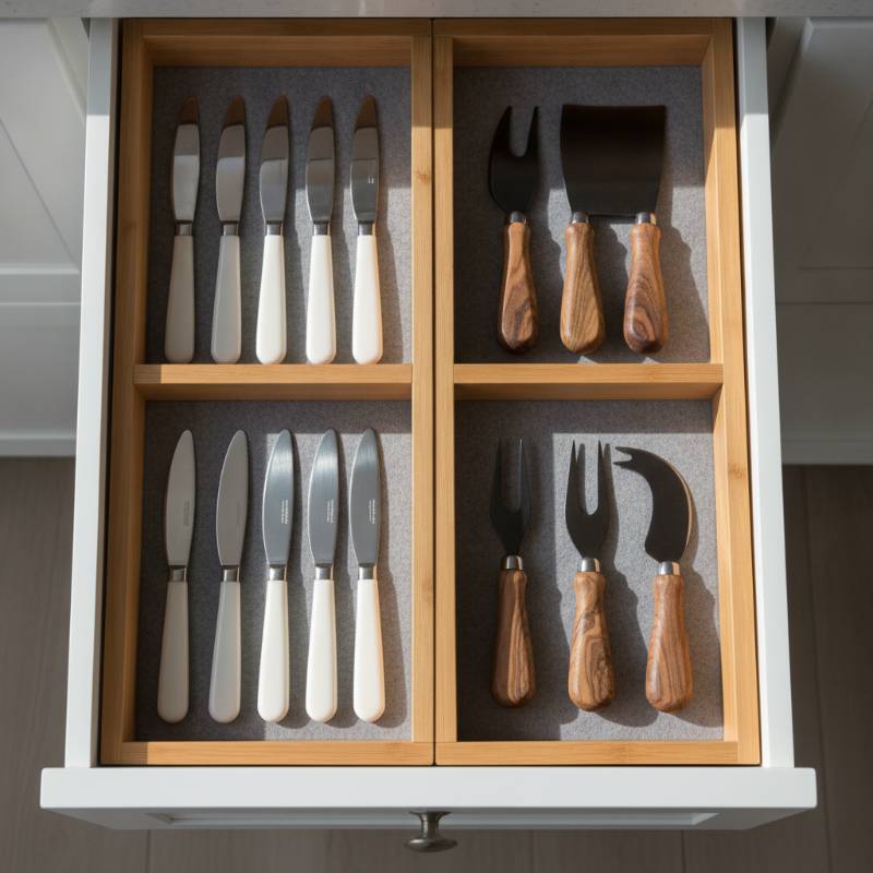 Display of butter knives and cheese knives in a kitchen drawer