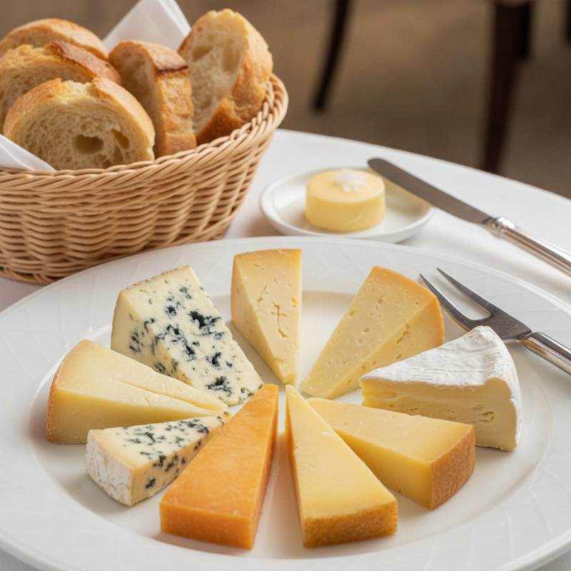 Perfectly sliced cheese plate next to a basket of bread