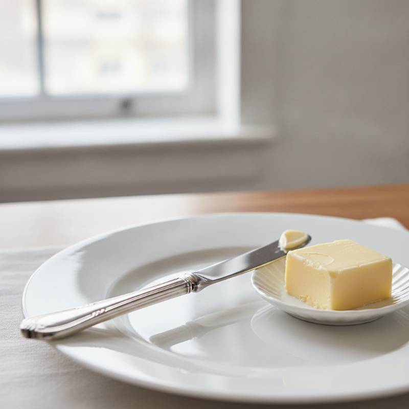 A classic silver butter knife resting on a white plate next to butter.
