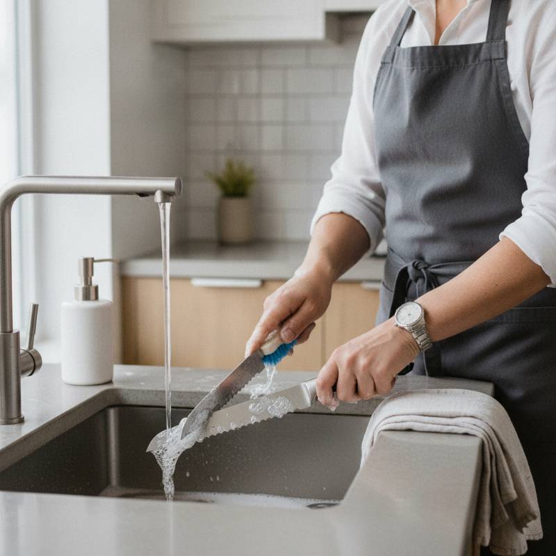 Hand-washing a serrated bread knife in a sink.