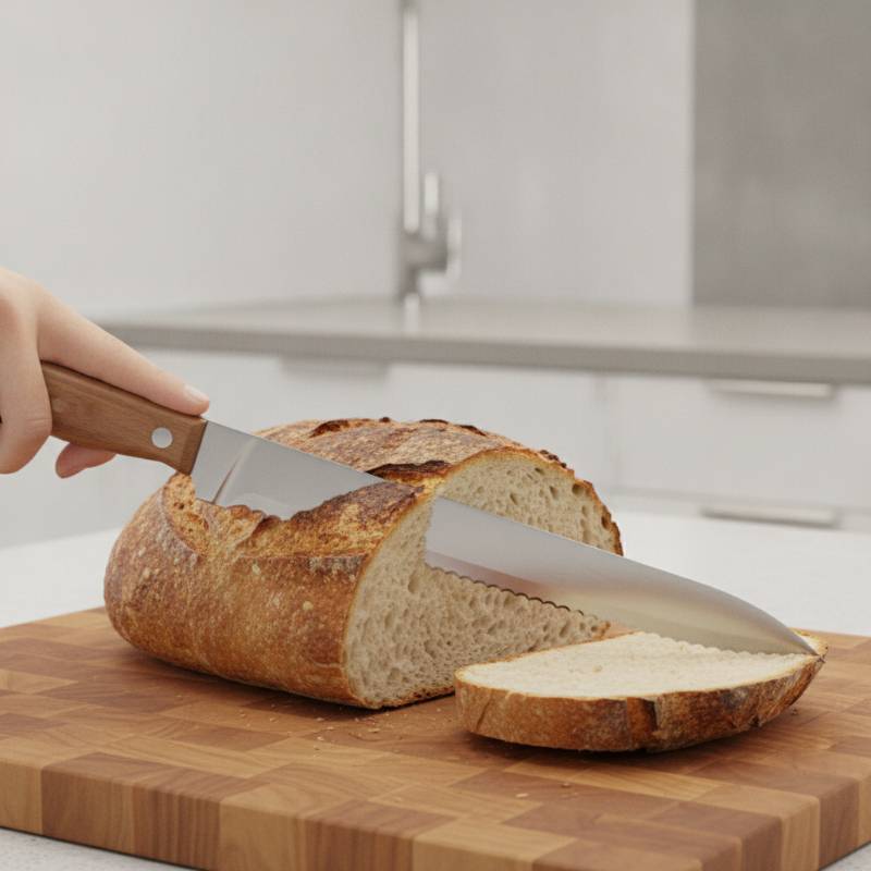 A bread knife slicing perfect slices of a loaf of bread.