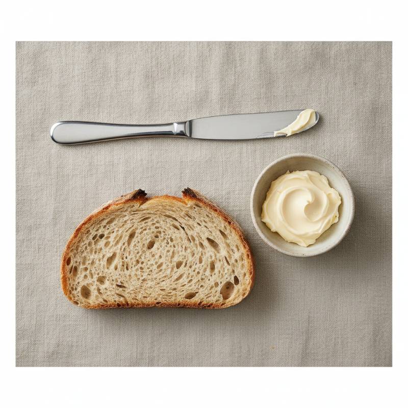 A silver butter knife next to a dish of spreadable butter.