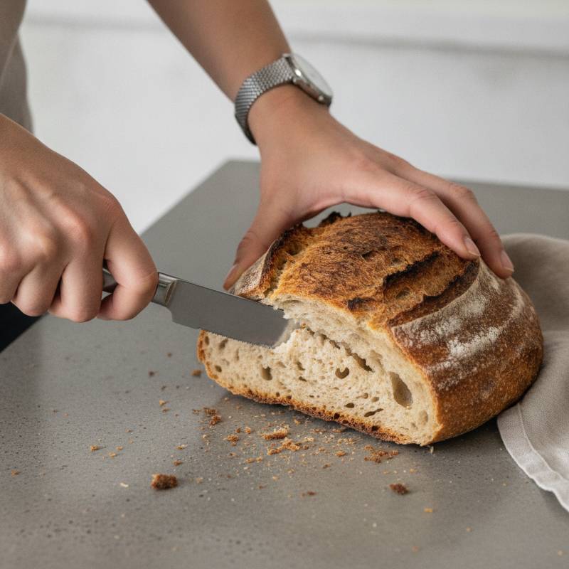 A butter knife squishing a loaf of bread.