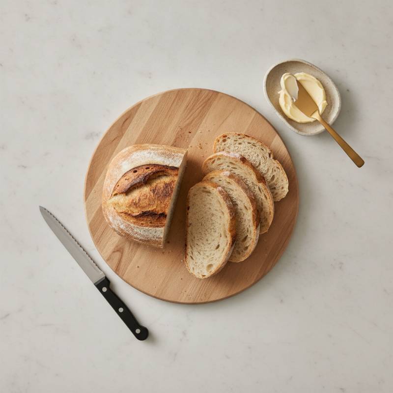 Sliced bread, butter dish, butter spreader, and bread knife on a counter.