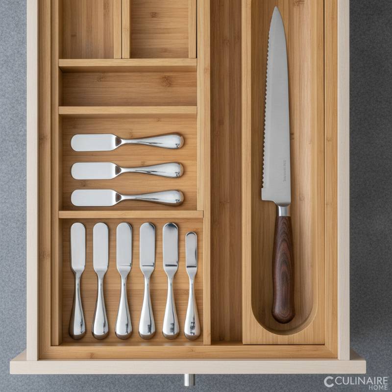 A kitchen drawer with butter spreaders and a bread knife.