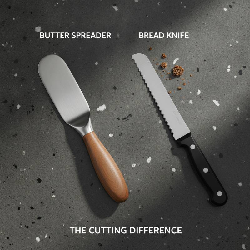 Side-by-side comparison of a small butter spreader and a long serrated bread knife.