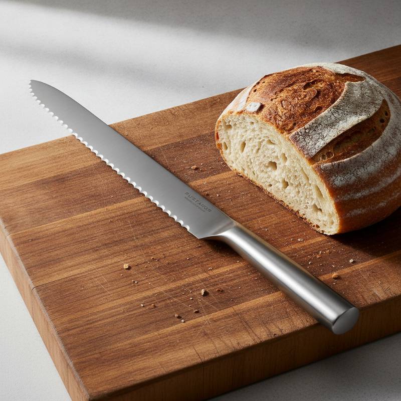 A long serrated bread knife next to a loaf of sourdough bread.