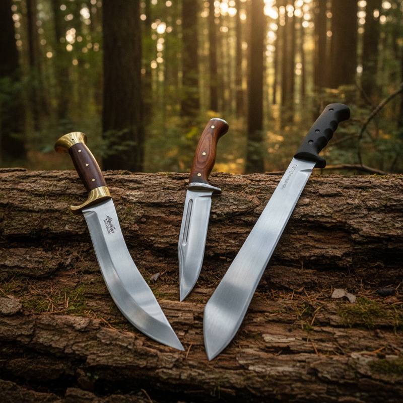 A Bowie knife, a Nepalese Kukri, and a Latin machete lying side by side on a rustic wooden log