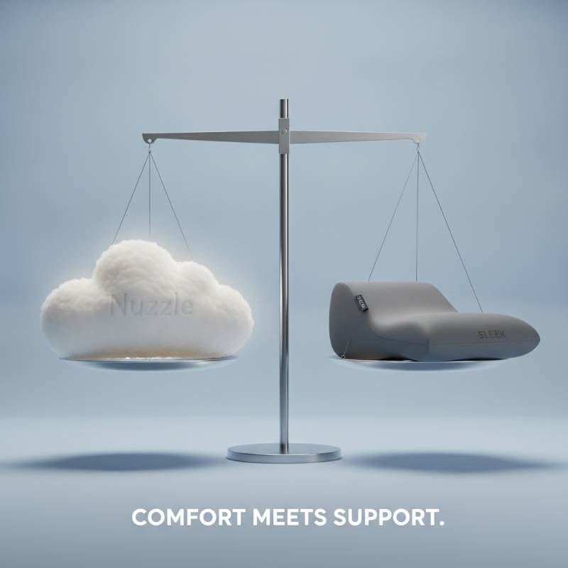 A balance scale weighing a fluffy fiber pillow against a solid foam pillow