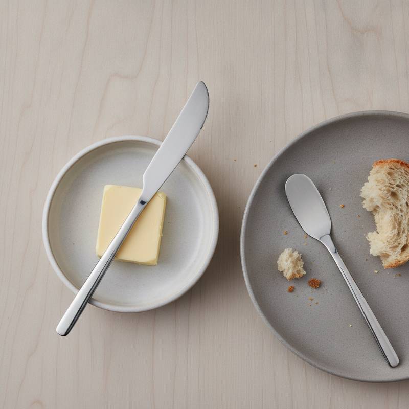 A master butter knife with a pointed tip next to an individual butter spreader with a rounded tip