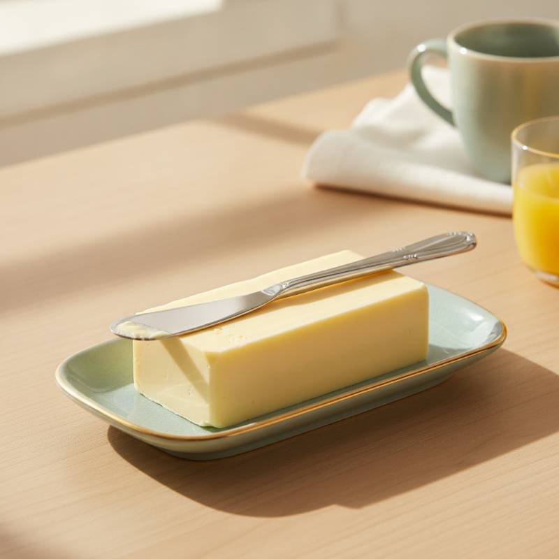 A beautiful ceramic butter dish with a block of soft butter