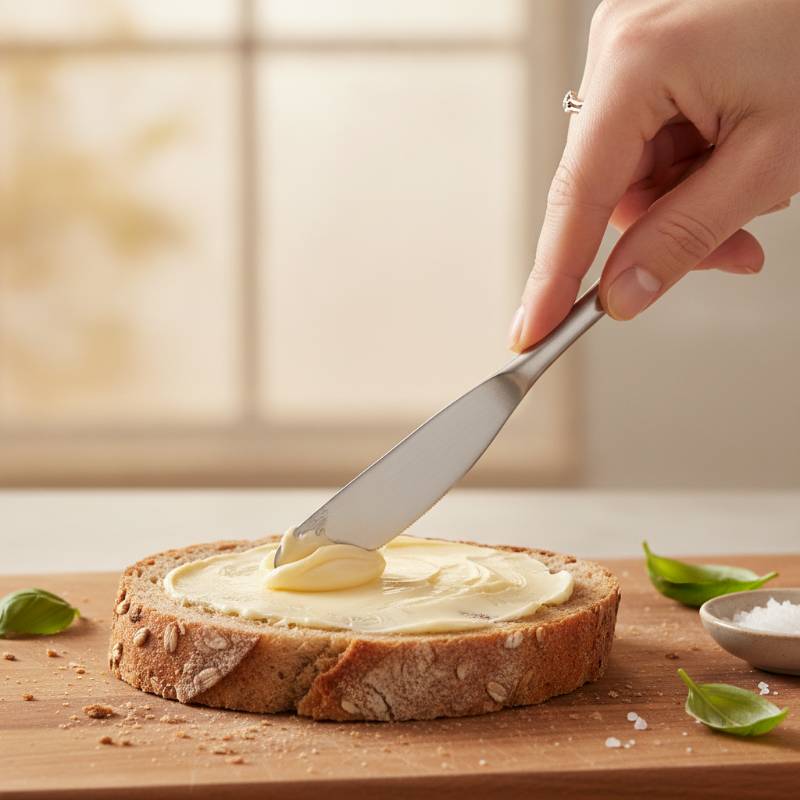 Soft butter being spread smoothly on a slice of fresh bread
