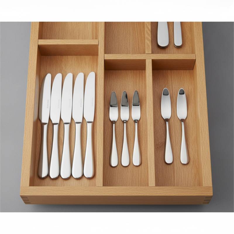Butter knives neatly arranged in a wooden drawer organizer