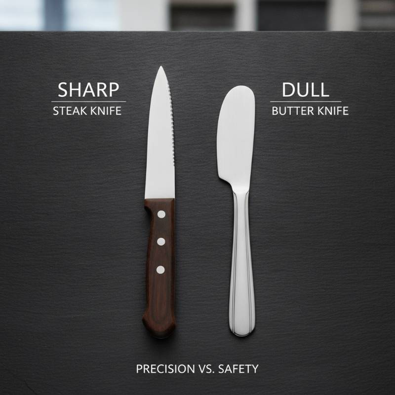 Sharp steak knife next to a dull, smooth butter knife