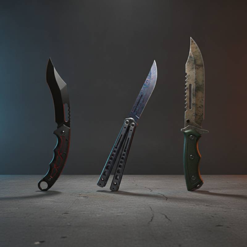 Karambit, Butterfly Knife, and M9 Bayonet skins side by side in CS2