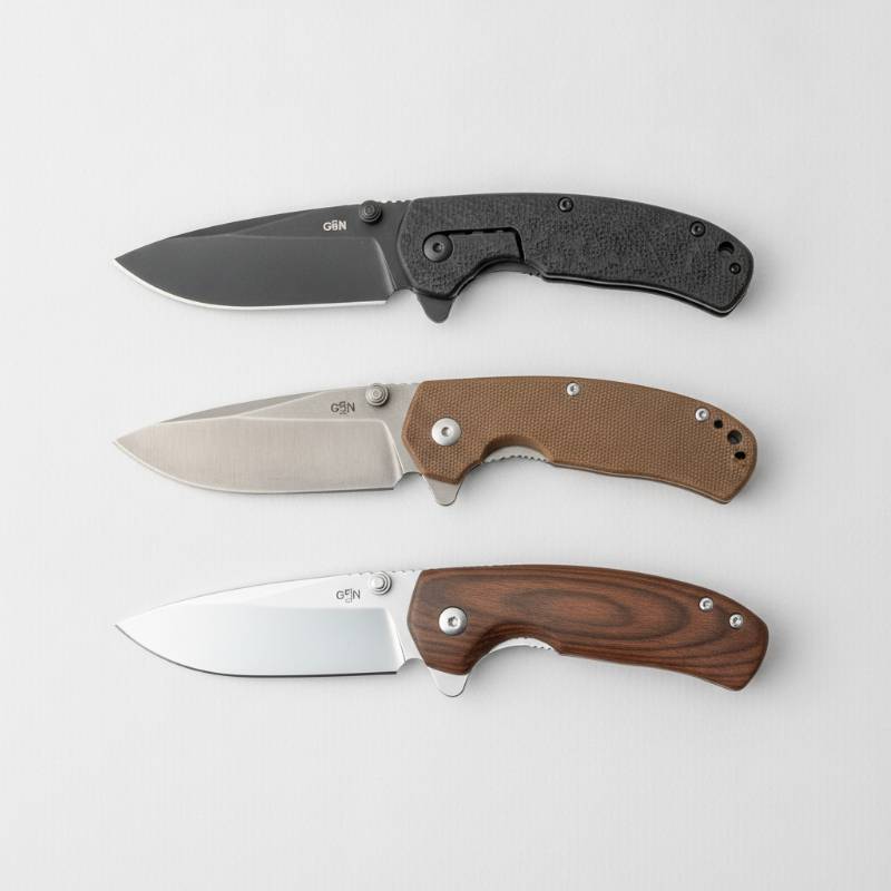 Three knives side by side showing G10, Micarta, and wood handles.