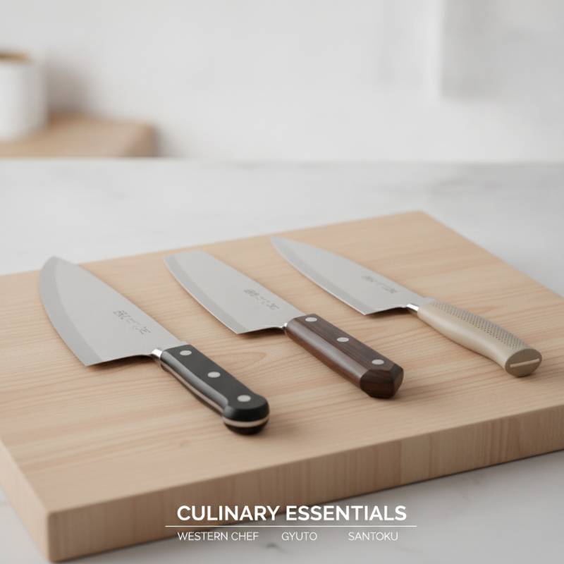 A Western chef knife, a Japanese Gyuto, and a Santoku knife arranged side by side on a clean wooden cutting board.