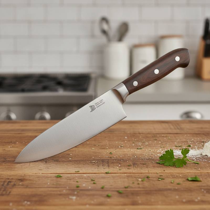 A classic German chef knife with a curved blade resting on a rustic wooden table next to fresh vegetables.