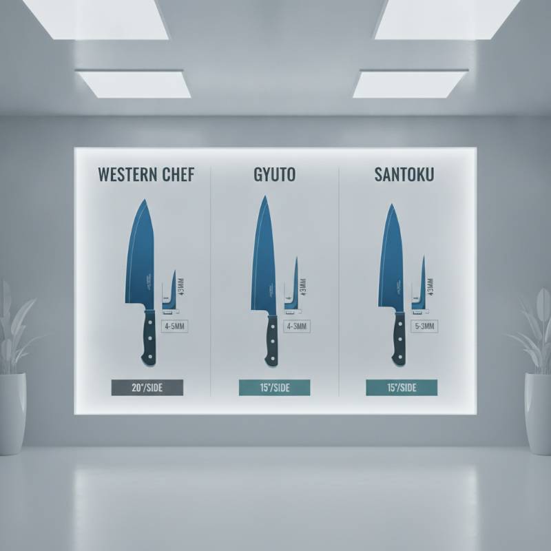 A technical diagram showing the spine thickness, bevel angle, and edge profile of Western chef, Gyuto, and Santoku knives.