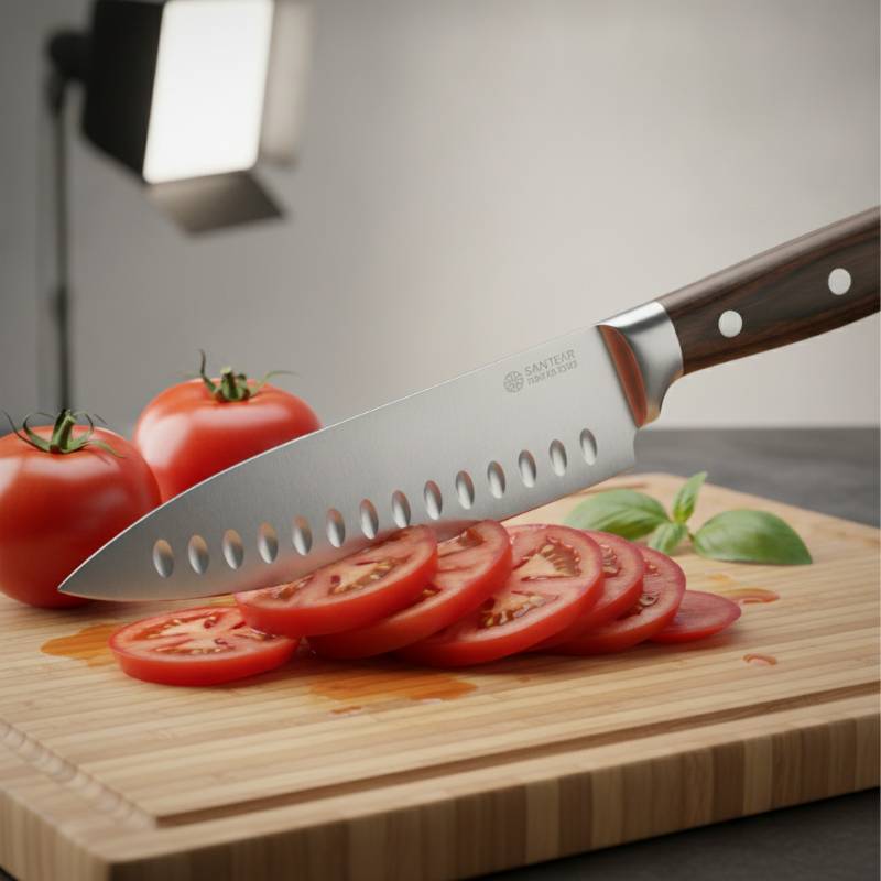 A classic Japanese Santoku knife with a hollow edge slicing through red tomatoes on a cutting board.