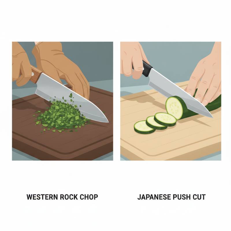 A chef's hands demonstrating rocking motion cutting on herbs next to push cutting on zucchini.