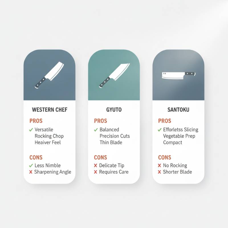 An infographic comparing the pros and cons of Western Chef, Gyuto, and Santoku knives.